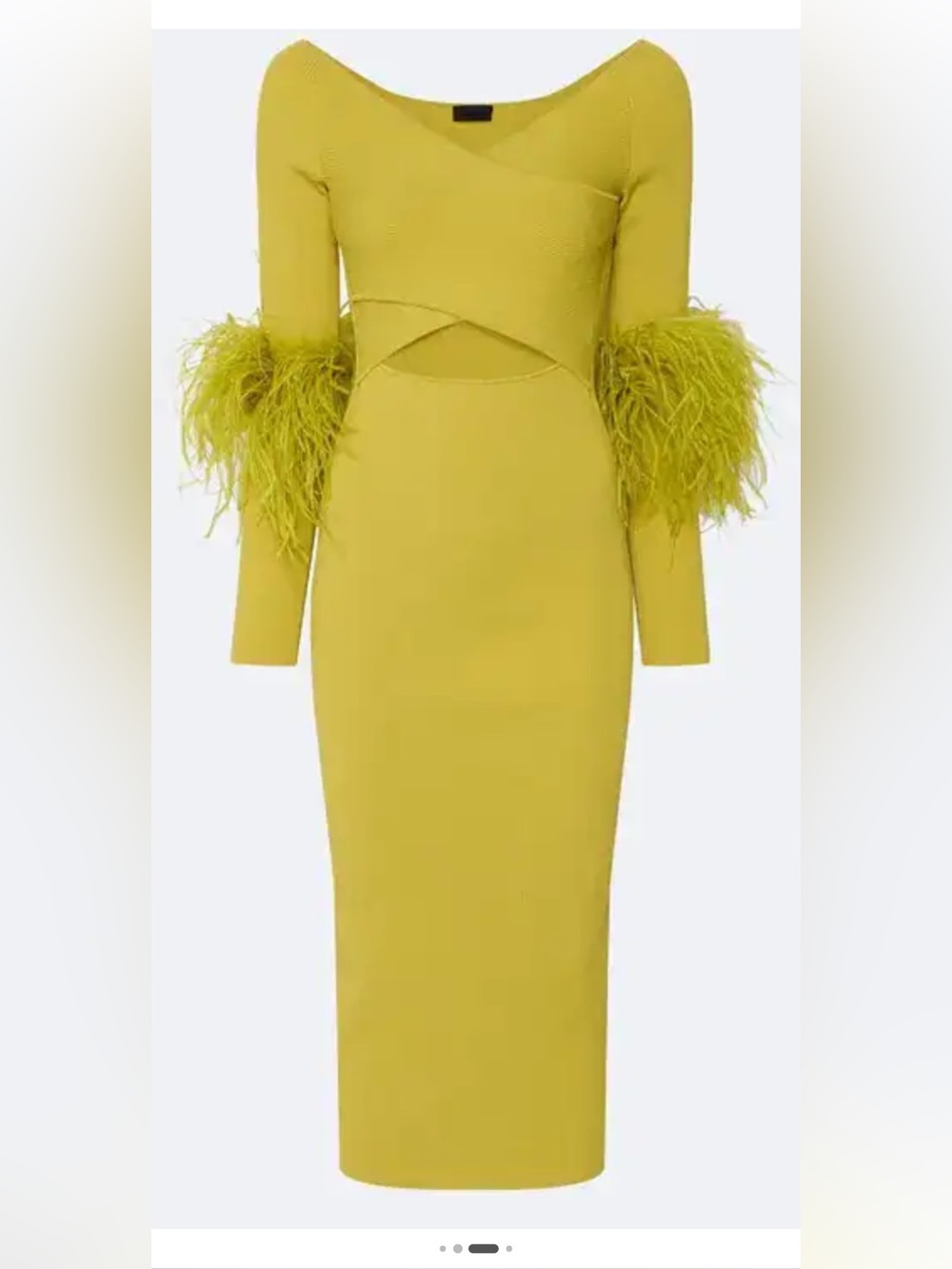 Feather-Trim Cutout Midi Dress in Chartreuse